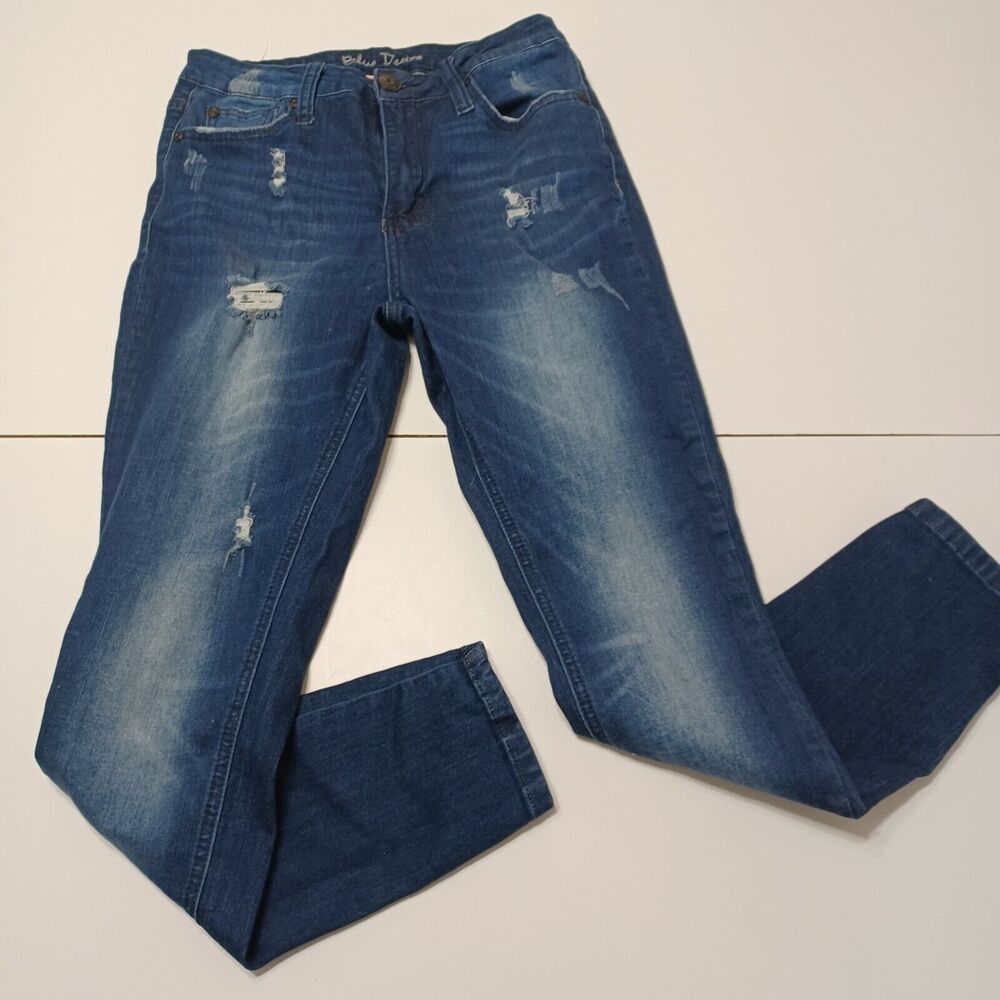 Blue Desire Womens 5 Skinny Jean Blue Medium Wash High Rise Stretch Wisker Denim